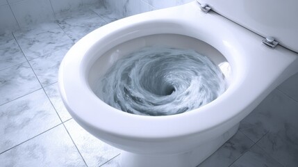 Bathroom with modern white ceramic toilet with swirling water inside and gray tiled floor, clean and minimalistic restroom setting