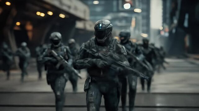 Squad of soldiers with futuristic helmets advance in an urban environment. They are armed