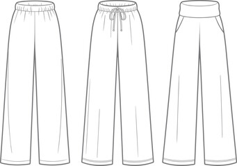 Wide leg pants technical sketch, cad flat vector illustration, front and back view, elastic waist, drawstring, female fashion template