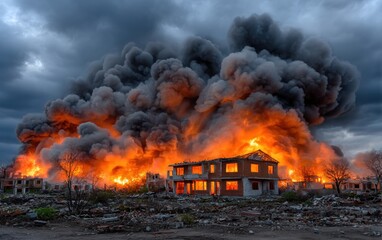Fiery destruction of buildings