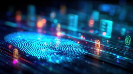Highly detailed close-up of a glowing digital fingerprint scanner screen with colorful biometrics icons on a futuristic technology background