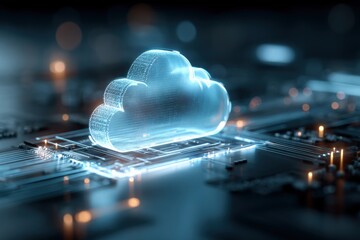 High-tech digital cloud computing concept with illuminated holographic cloud icon over modern electronic circuitry background in blue hues