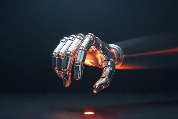 Naklejka premium A photorealistic 3D render of a metallic robotic hand with glowing orange energy flowing through its joints against a dark background.