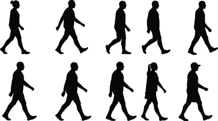 Silhouette people walking side view, male and female figures, black vector illustration, casual walk motion, isolated on white background