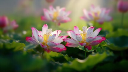 Fototapeta premium Beautiful blooming pink and white water lilies floating on a pond with lush green leaves and soft natural sunlight in a tranquil garden scene