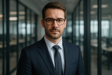Fototapeta premium Professional Corporate Headshot, Confident Business Executive in Designer Eyewear, Modern Office Portrait, Leadership Profile