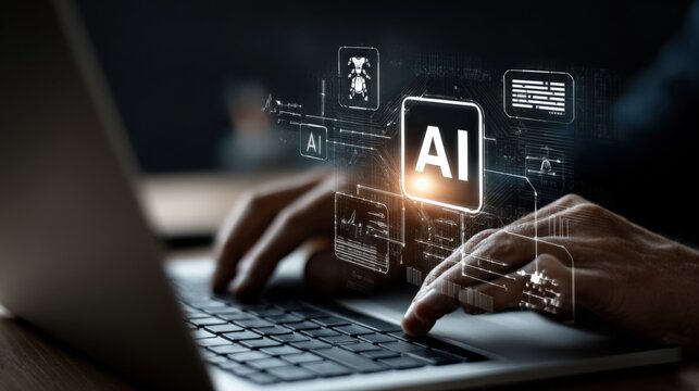 Advanced artificial ligence technology concept with digital interface and futuristic holographic displays showing AI elements on a computer keyboard - Powered by Adobe
