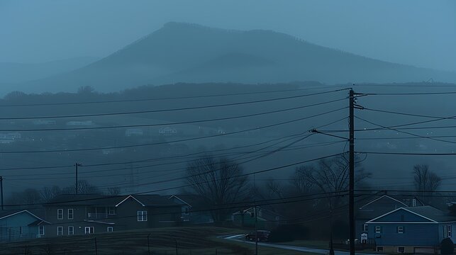 A misty mountain view obscured by power lines over suburban rooftops presents an eerie atmospheric - Powered by Adobe