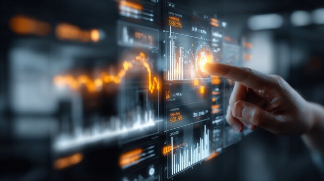 Modern digital stock market analysis with financial graphs charts and data on futuristic touchscreen interface for investment and trading