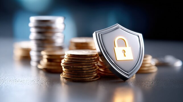 Stack of coins with a security shield and padlock symbol representing financial security digital banking and encryption concept