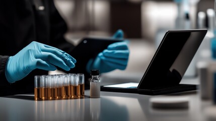 Laboratory scientist handling test tubes and sample bottles with a tablet in a modern science lab environment for scientific research and experimentation