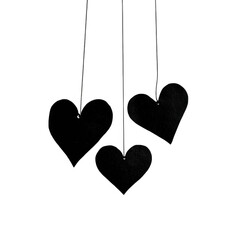 Three black hearts hanging by thin strings isolated on transparent background