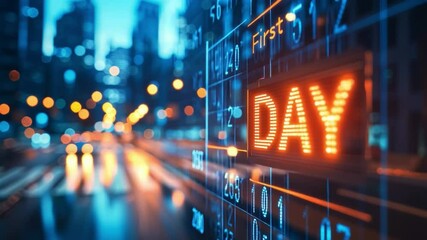 A digital display board with the word "DAY" glows brightly against a blurred, vibrant cityscape at night. - Powered by Adobe