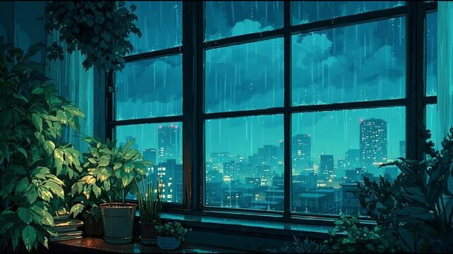 Rain falling on a big city seen through the window of an apartment full of plants