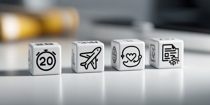 Set of four white dice with black symbols representing calendar, airplane, health heart, and document with QR code on a glossy surface for travel and health themes - Powered by Adobe