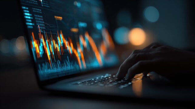 Business person analyzing financial stock market chart on laptop computer screen with digital data visualization and economic trends background