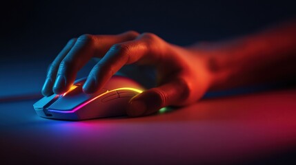 Close-up of a hand using a gaming computer mouse with colorful neon lighting effect on dark background for gaming or technology concept