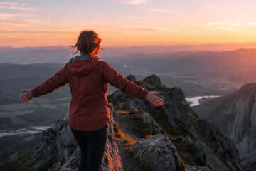 A dramatic landscape photograph of a person standing on a rocky mountain peak at sunset.