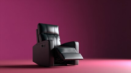 Obraz premium Modern black leather reclining theater chair with adjustable footrest and high backrest against a pink background suitable for cinema or entertainment spaces