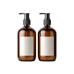 Two amber glass pump bottles with white labels isolated on transparent background