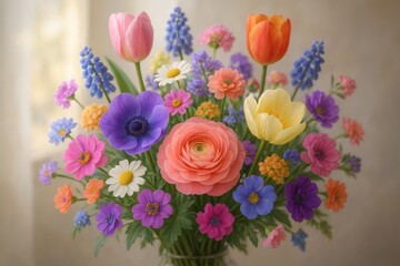 Fototapeta premium Vibrant spring flower bouquet with mixed seasonal blooms in soft natural lighting and artistic arrangement