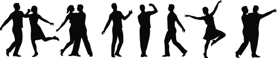 Couple dancing silhouette, elegant poses, partner choreography, romantic dance moves, black and white art, performance, motion, grace, love, illustration