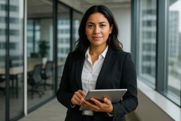 Professional Latina businesswoman holding digital tablet showcasing modern workplace technology and corporate diversity