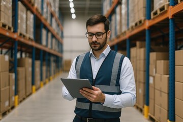 Professional Inventory Management Specialist Using Digital Tablet in Modern Warehouse Facility