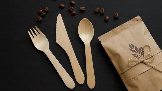 Wooden Cutlery with Brown Paper Package and Coffee Beans Flat Lay on Black