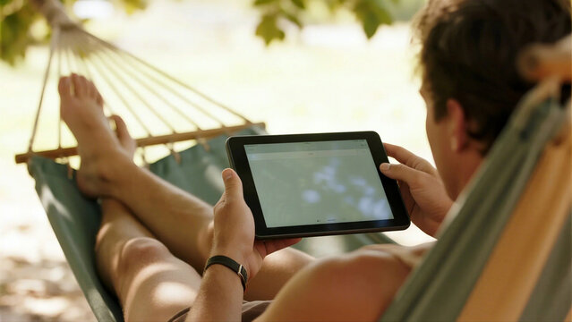man using tablet computer on hammock