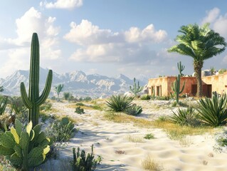 Fototapeta premium Serene Desert Landscape with Cacti and Mountain Background