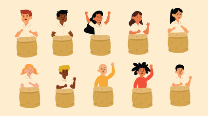 Group of diverse children happily play sack race for Indonesia Independence Day festival