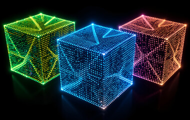 Three illuminated cubes with intricate led patterns in green blue and pink on a black background
