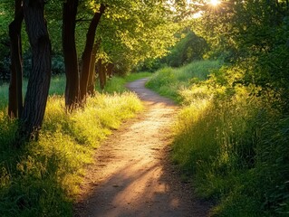 Naklejka premium Peaceful Nature Pathway Surrounded by Lush Green Trees in Sunrise