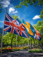 Flags waving in a park