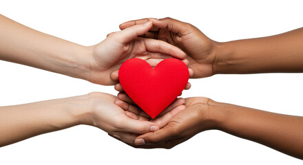 Diverse Hands Holding Red Heart on Transparent Background Symbolizing Love