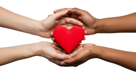 Diverse Hands Holding Red Heart on Transparent Background Symbolizing Love