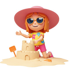 Happy cartoon girl building a sandcastle on the beach wearing a sun hat and sunglasses isolated on transparent background
