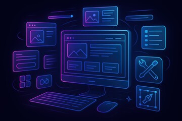 Dynamic Web Design Concept with Floating Interface Elements and Digital Innovation Visualization