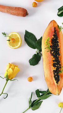 fresh fruit arrangement, vegetable display, papaya fruit decor, vibrant produce layout, charming fruit and veggie, stunning papaya presentation, joyful fresh produce, graceful vegetable design, refres
