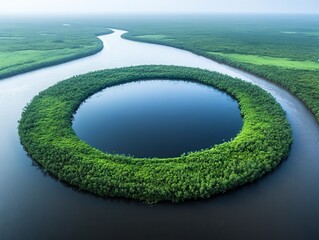 Aerial View of Circular Island Surrounded by Serene Waterways