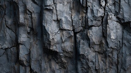 Closeup view of a rugged high detail slate rock surface featuring a pattern of vertical cracks and a dark gray weathered appearance