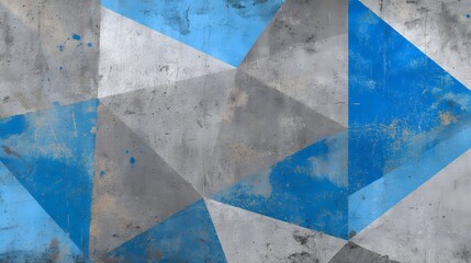 A modern abstract geometric pattern created by overlaying digital blue polygons on a rough weathered concrete surface with a grungy industrial aesthetic