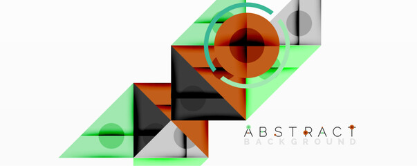 Geometric shapes overlap, creating modern design. Colors include green, orange, gray, black. Minimalist composition, clean lines present.