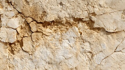 Close up view of a weathered and cracked beige limestone surface evoking the feel of an ancient rugged wall or structure