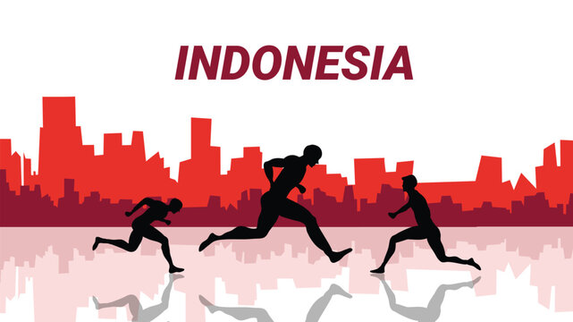Silhouette of people running through urban cityscape for Indonesia Independence Day celebration