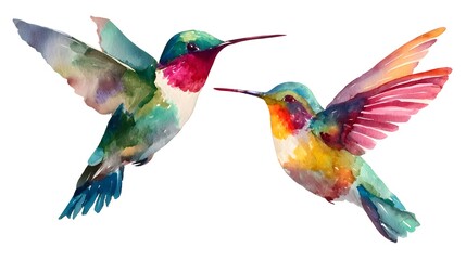 Fototapeta premium Watercolor of two colorful hummingbirds soaring with iridescent feathers against a transparent background