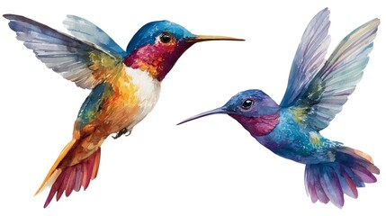 Fototapeta premium Stunning watercolor painting depicting two colorful iridescent hummingbirds in flight with their delicate wings and vibrant feathers in motion against a transparent background