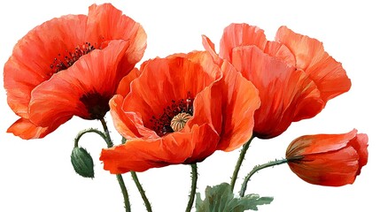 Vivid red poppy flowers with delicate petals captured in a watercolor painting style against a transparent background for use as botanical clipart or