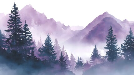 A tranquil watercolor painting depicting a serene mountain landscape with layered purple peaks dense pine forests and a soft ethereal mist creating a peaceful atmospheric scene